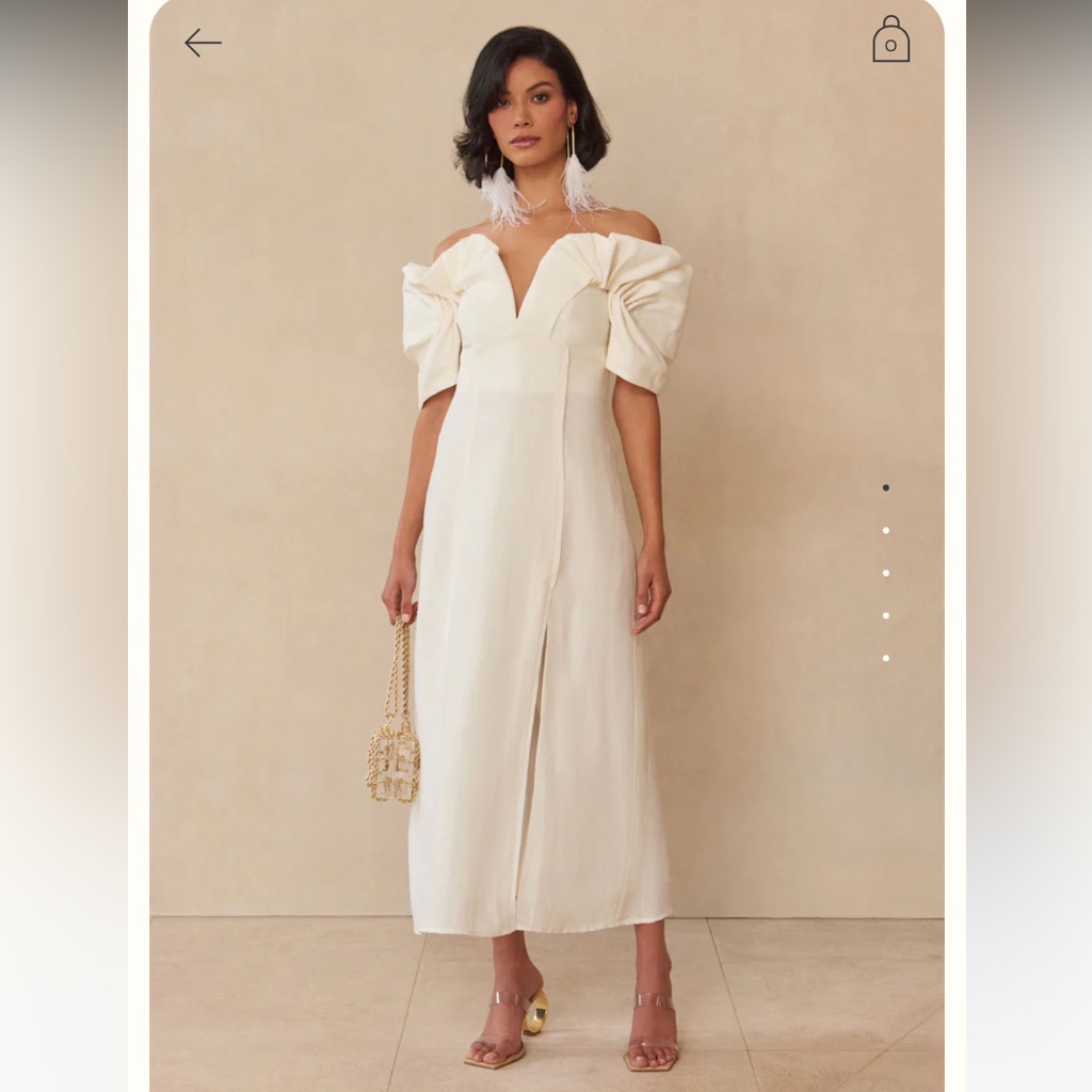 Cult Gaia Ivory Off-Shoulder Midi Dress With Puff Sleeves